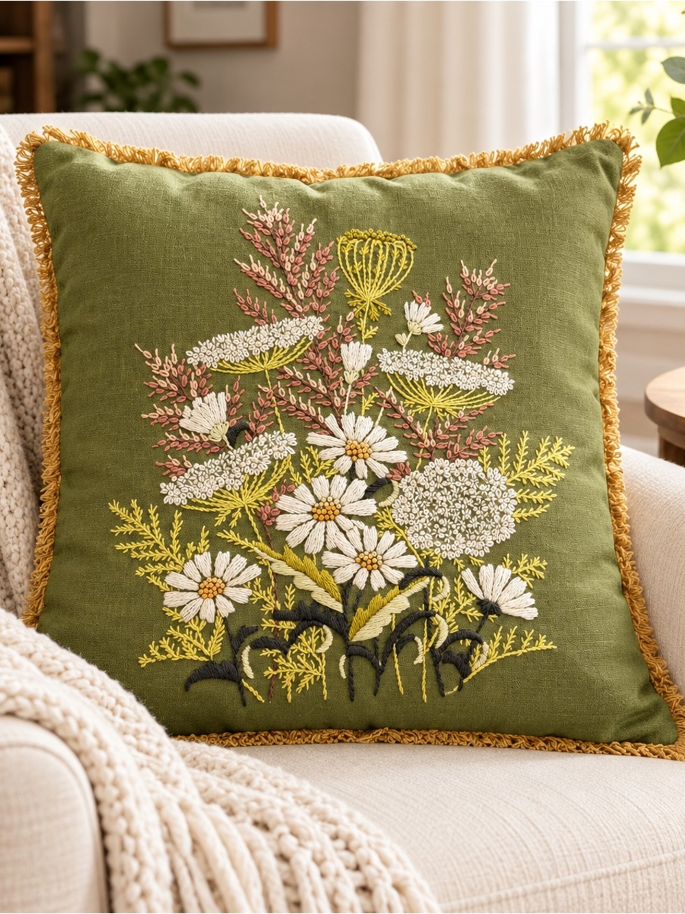 Hand Embroidered Floral Throw Pillow Cover Olive Green Gold Fringe 16x16